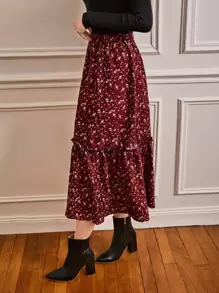 SHEIN Frenchy Ditsy Floral Frill A-Line Skirt Summer Vacation - Maroon - View 4
