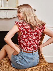 SHEIN Frenchy Floral Print Ruffle Sleeve Blouse - Red and White - View 2
