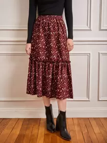 SHEIN Frenchy Ditsy Floral Frill A-Line Skirt Summer Vacation - Maroon - View 5