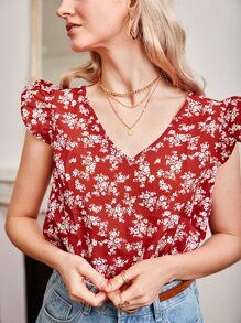 SHEIN Frenchy Floral Print Ruffle Sleeve Blouse - Red and White - View 3