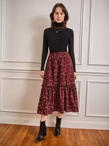SHEIN Frenchy Ditsy Floral Frill A-Line Skirt Summer Vacation - Maroon - View 6