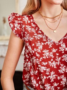 SHEIN Frenchy Floral Print Ruffle Sleeve Blouse - Red and White - View 5
