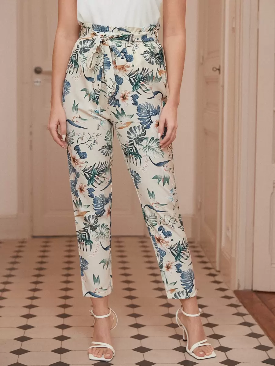 SHEIN Frenchy Floral Print Paperbag Belted Trousers - Beige - View 1