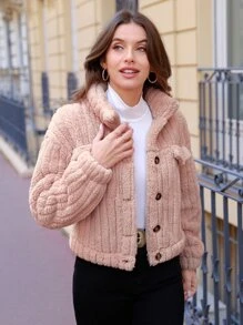 SHEIN Frenchy 秋冬落肩纽扣法兰绒夹克