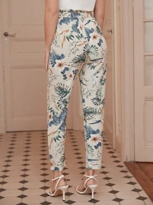 SHEIN Frenchy Floral Print Paperbag Belted Trousers - Beige - View 2
