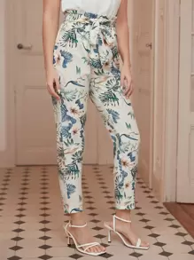 SHEIN Frenchy Floral Print Paperbag Belted Trousers - Beige - View 3