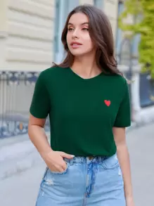 SHEIN Frenchy Heart Embroidery Tee - Dark Green - View 1