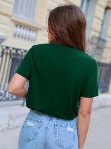 SHEIN Frenchy Heart Embroidery Tee - Dark Green - View 2