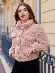 SHEIN Frenchy 秋冬落肩纽扣法兰绒夹克