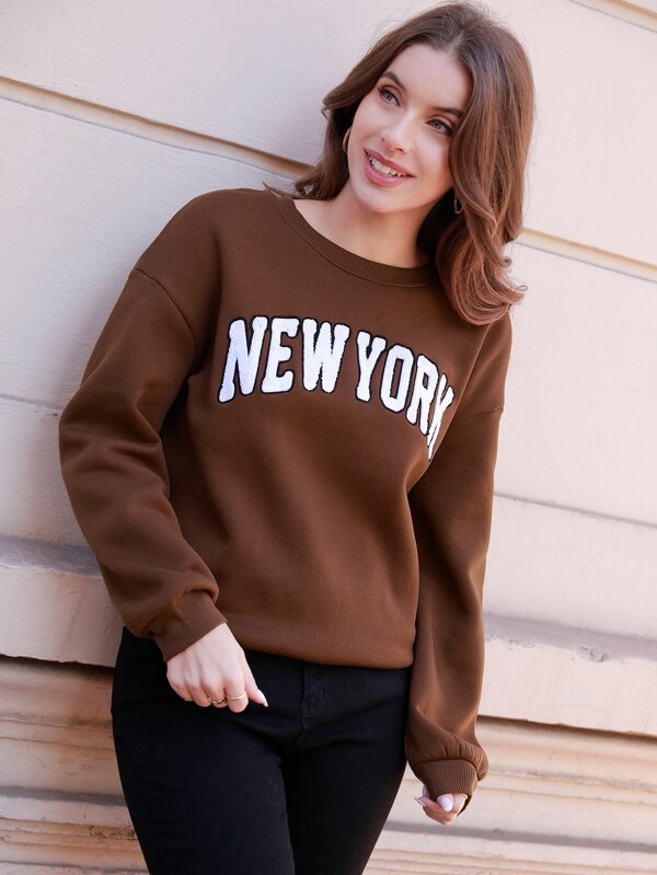 SHEIN Frenchy Drop Shoulder Letter Graphic Pullover,Long Sleeve Tops