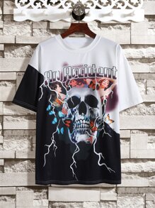Manfinity Men Letter & Skull Print Drop Shoulder Tee - Black and White - View 1