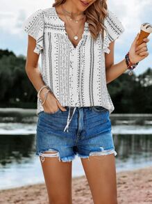 SHEIN LUNE 幾何印花蝴蝶袖繫帶領襯衫 - 黑與白 - 查看 1