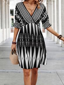 SHEIN LUNE Geo Print Batwing Sleeve Dress - Black and White - View 1