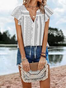 SHEIN LUNE 幾何印花蝴蝶袖繫帶領襯衫 - 黑與白 - 查看 4