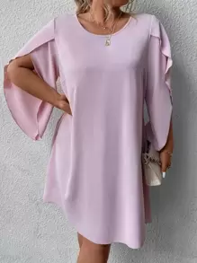 SHEIN Clasi 大碼素色花瓣袖直筒洋裝 - 淺粉色 - 查看 1