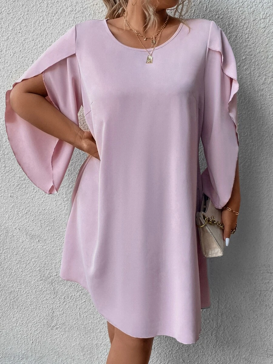 SHEIN Clasi 大碼素色花瓣袖直筒洋裝 - 淺粉色 - 查看 1