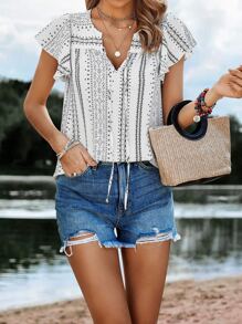 SHEIN LUNE 幾何印花蝴蝶袖繫帶領襯衫 - 黑與白 - 查看 5