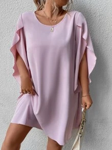 SHEIN Clasi 大碼素色花瓣袖直筒洋裝 - 淺粉色 - 查看 3