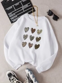 SHEIN Essnce Leopard & Heart Print Thermal Pullover - White - View 1