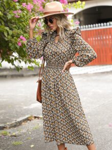 SHEIN Clasi Allover Floral Print Notched Neckline Lantern Sleeve Dress - Multicolor - View 3