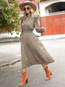 SHEIN Clasi Allover Floral Print Notched Neckline Lantern Sleeve Dress - Multicolor - View 6