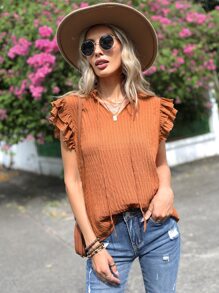SHEIN LUNE Blusa unicolor ribete con fruncido de cuello de muesca - Naranja Quemada - Ver 3
