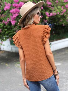 SHEIN LUNE Blusa unicolor ribete con fruncido de cuello de muesca - Naranja Quemada - Ver 2