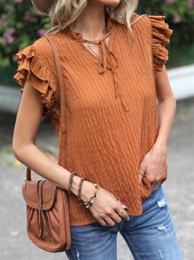 SHEIN LUNE Blusa unicolor ribete con fruncido de cuello de muesca - Naranja Quemada - Ver 4
