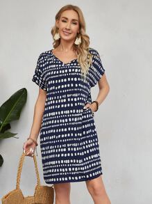 EMERY ROSE Vestido túnico con estampado de manga murciélago - Azul y blanco - Ver 1