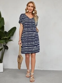 EMERY ROSE Vestido túnico con estampado de manga murciélago - Azul y blanco - Ver 5