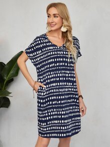 EMERY ROSE Vestido túnico con estampado de manga murciélago - Azul y blanco - Ver 6