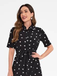 EMERY ROSE Vestido camisero con estampado de corazón con cinturón - Negro - Ver 4