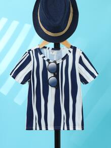 Toddler Boys Striped Print Tee Without Hat - Blue and White - View 1