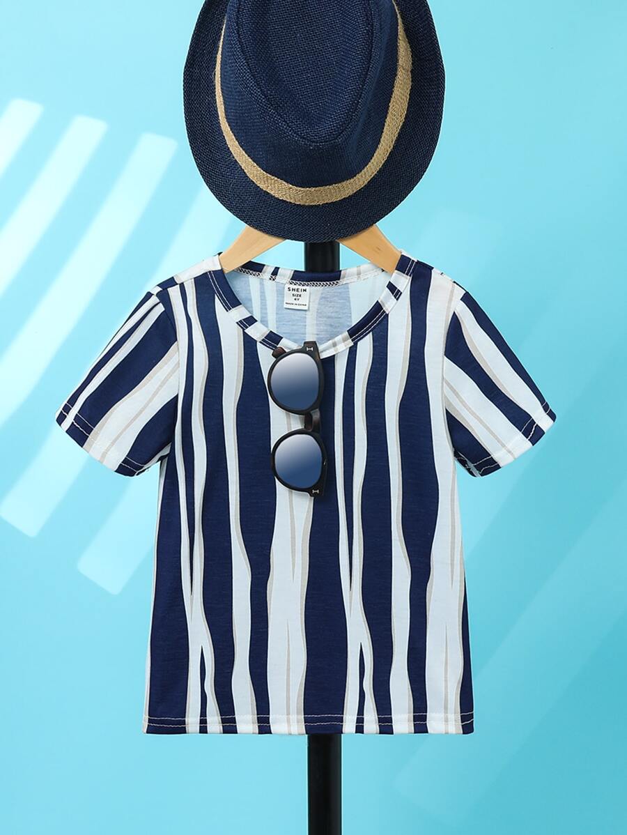 Toddler Boys Striped Print Tee Without Hat - Blue and White - View 1