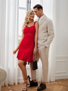 SHEIN Allurite Ruffle Hem Lace Bodycon Dress For New Year Holiday Party Clothes - Red - View 6