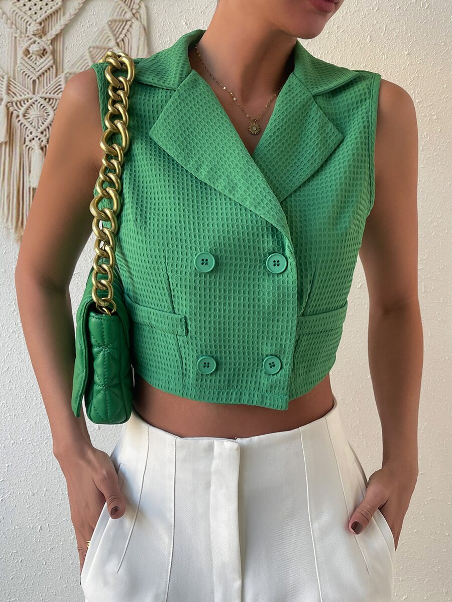Chiquease Double Breasted Crop Vest Blazer - Green - View 1