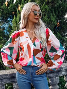 SHEIN LUNE Áo sơ mi nữ Hình học Tất cả trên in Giải trí - Nhiều màu - Xem 1