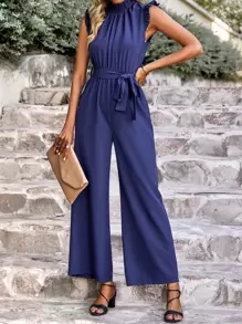 Chiquease Ruched Mock Neck Belted Jumpsuit - Navy Blue - View 3