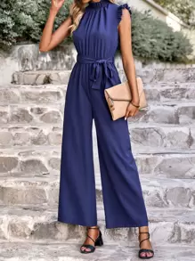 Chiquease Ruched Mock Neck Belted Jumpsuit - Navy Blue - View 5