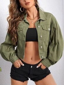 Lantern Sleeve Crop Denim Jacket - Army Green - View 1