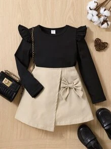 Toddler Girls Ruffle Trim Tee & Bow Front Asymmetrical Hem Skirt - Multicolor - View 1