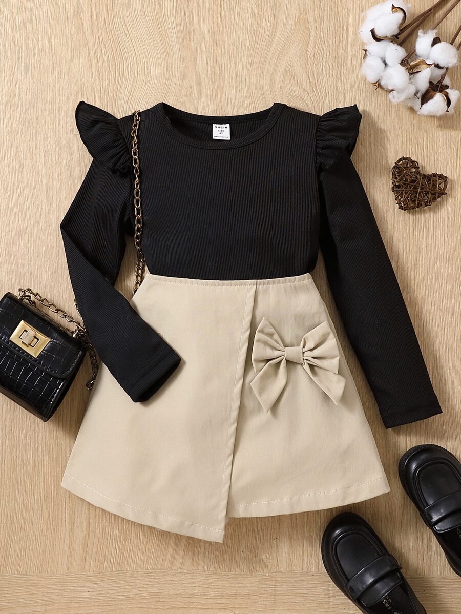 Toddler Girls Ruffle Trim Tee & Bow Front Asymmetrical Hem Skirt - Multicolor - View 1