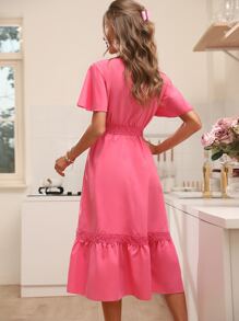 SHEIN Holidaya Guipure Lace Insert Ruffle Hem Dress