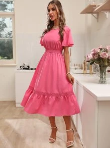 SHEIN Holidaya Guipure Lace Insert Ruffle Hem Dress