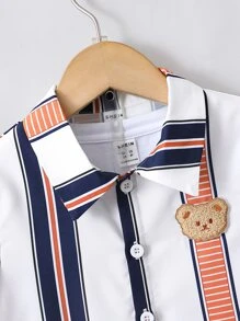 Toddler Boys Striped & Bear Patched Shirt & Shorts Without Tee - Multicolor - View 6