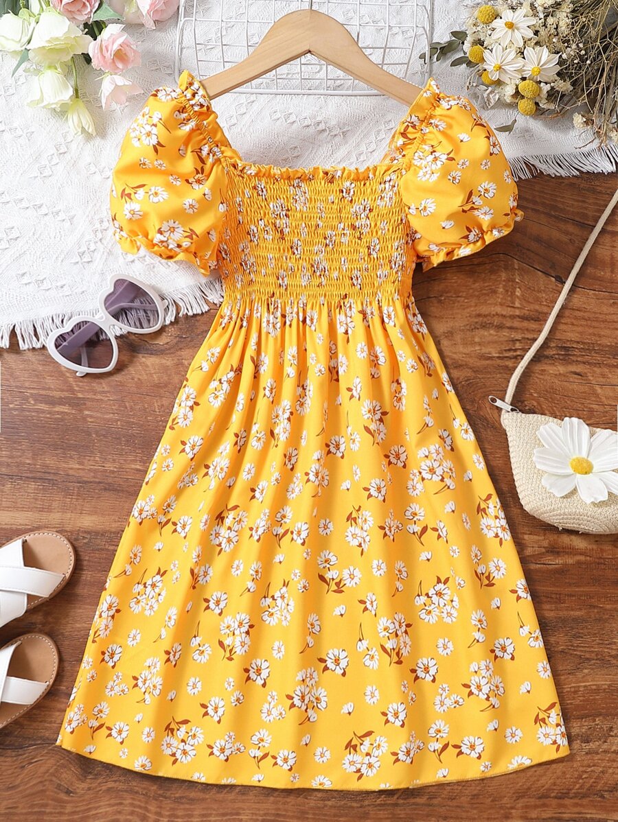 SHEIN 小女童印花泡泡袖打攬洋裝