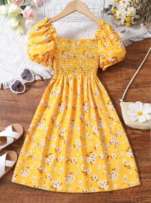 SHEIN 小女童印花泡泡袖打攬洋裝