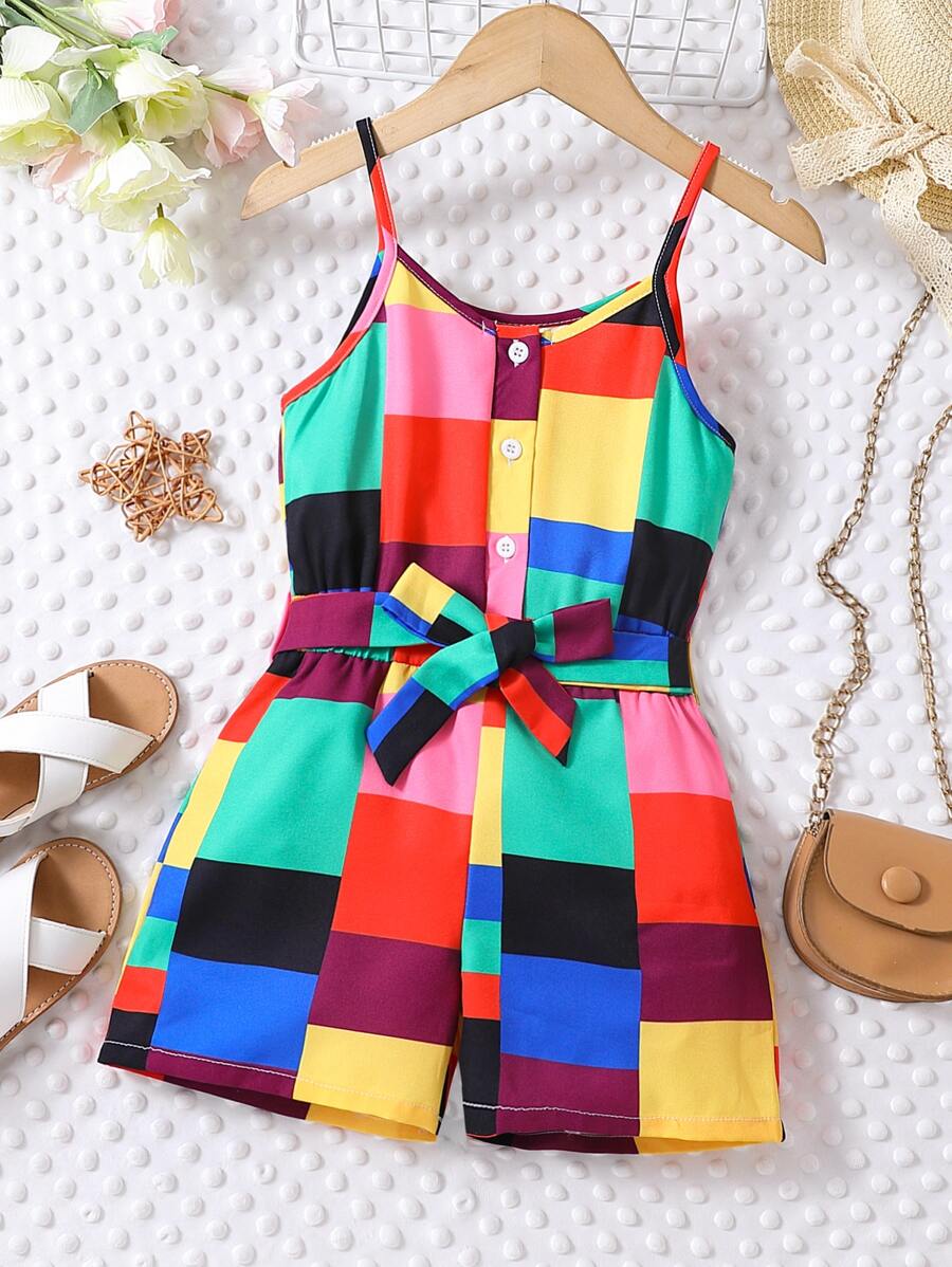 Toddler Girls Colourblock Belted Cami Romper - Multicolor - View 1