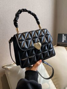 Fashionable Heart Shape Lock Handbag With Shoulder Strap - Black - View 1