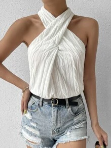 Chiquease Solid Criss Cross Halter Blouse - White - View 5